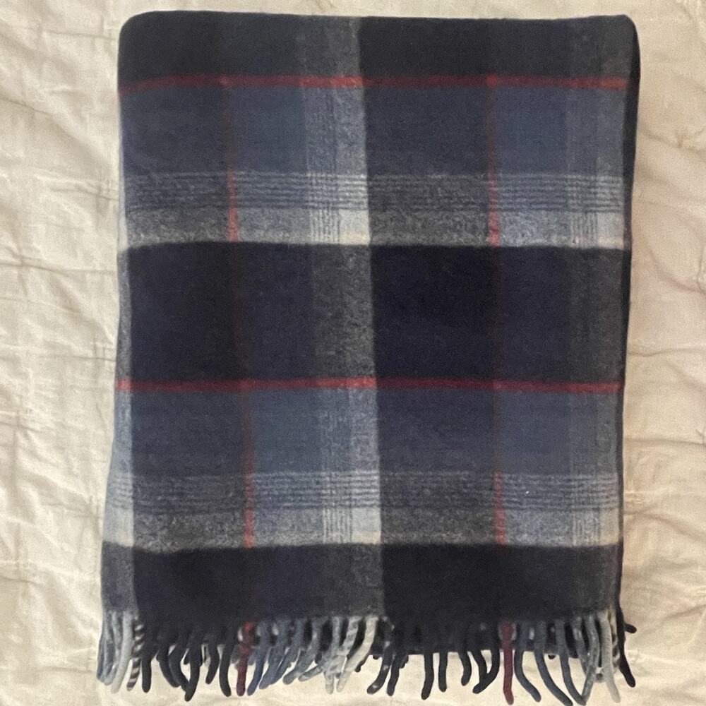 Vintage Pendleton Wool Throw Blanket Navy Blue Red Plaid Fringe Outdoor 45 x 54